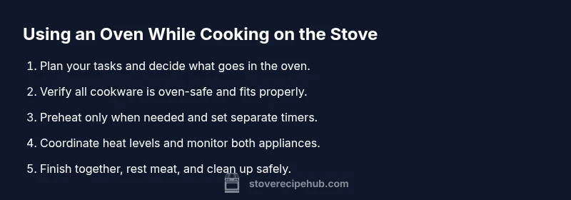 Infographic showing steps for safe dual-use cooking on stove and oven.