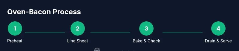 Diagram showing oven-bacon steps: preheat, line, bake, drain