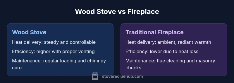 infographic comparing Wood Stove vs Fireplace heat, efficiency, and maintenance