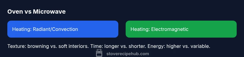 Infographic comparing oven and microwave heating methods, textures, and time