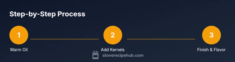 Process diagram showing steps to pop stovetop popcorn with olive oil