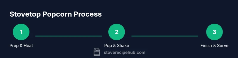 Infographic showing a 3-step process for using a stovetop popcorn popper